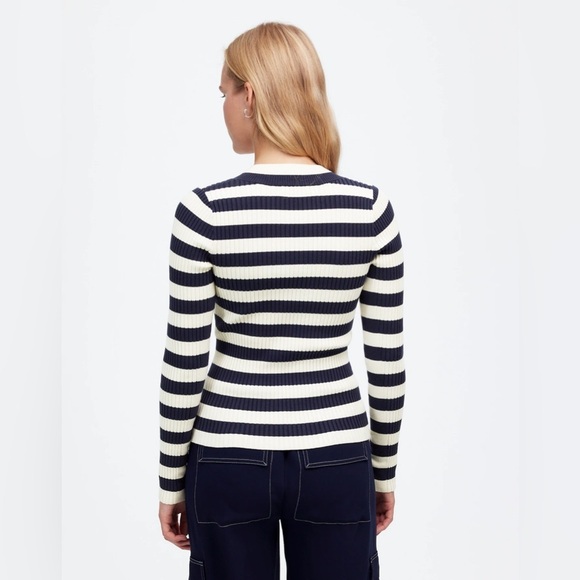 NEW Madewell V-Neck Sweater in Stripe, Navy & Ivory, Size Large - Picture 2 of 14